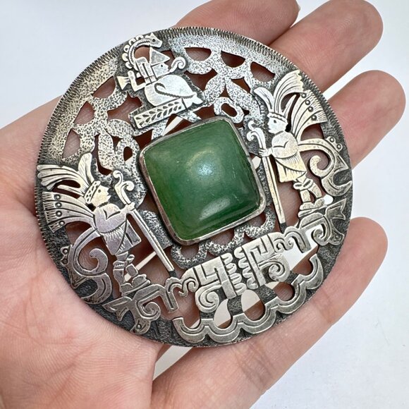 VTG Sterling Silver 925 Green Gemstone Native American Brooch Size 2.5" Length - Picture 4 of 9
